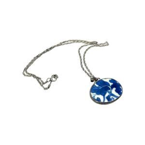 Antique Ming Blue White Porcelain Shard Sterling Silver Pendant with 24" Chain